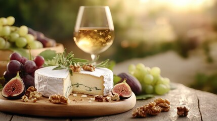 An exquisite cheese platter adorned with figs, grapes, and a glass of wine, portraying the essence of gourmet dining and the joy of sharing culinary delights.