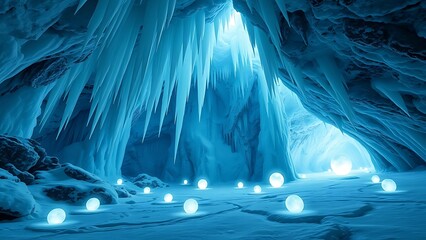 Ethereal Ice Cave With Glowing Orbs Mystical Winter Landscape For Fantasy Art And Digital Backdrops Cold And Mesmerizing Light And Shadow Play