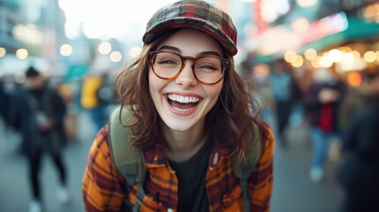 A vibrant portrait of a young woman smiling in a lively urban environment, capturing the essence of happiness and spontaneity amidst the hustle and bustle of city life.