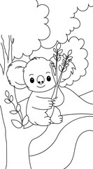 Cute Koala Holding Branch Coloring Page for Kids – Forest Animal Line Art