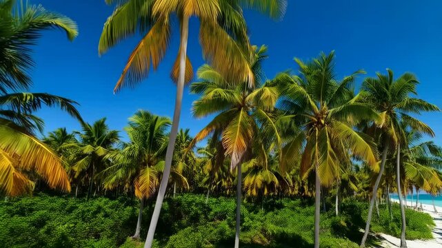 Palm trees swaying on a tropical white sand beach with vibrant blue sky and clear ocean water forming idyllic coastal scene