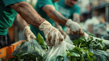 Dedicated volunteers work diligently to package fresh spinach into bags, showcasing their commitment to community support and healthy eating initiatives.