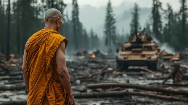 A contemplative monk standing amidst the remnants of a forest, conveying a powerful message of reflection, destruction, and the importance of nature conservation.