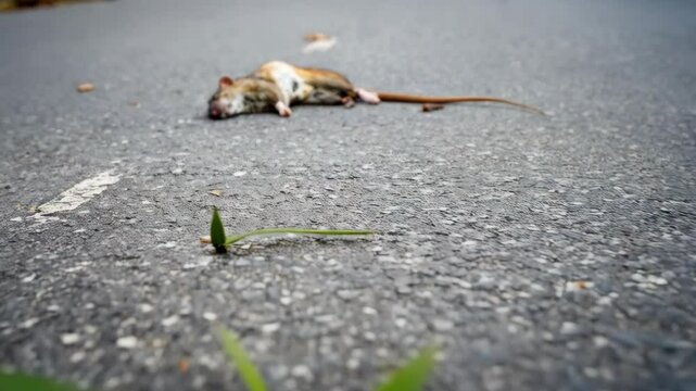 Dead rat lies prone on the gray asphalt with street markings visible in a low angle outdoor shot, displaying rodent corpse
