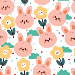 cute hand drawing cartoon bunny with flower and clouds seamless pattern. cute animal pattern in white background for gift warp paper and wallpaper