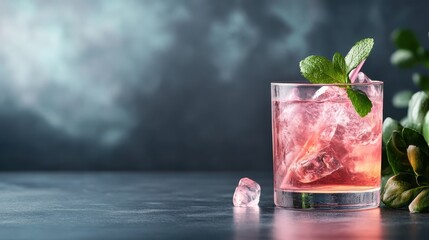 A vibrant pink cocktail sits in a glass filled with ice, garnished with fresh mint leaves, perfect for a summer evening or celebration, radiating a refreshing vibe.