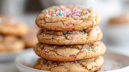 Four delicious cookies stacked high, adorned with colorful sprinkles on top, inviting you to indulge in a delightful treat, perfect for sharing with friends and family.