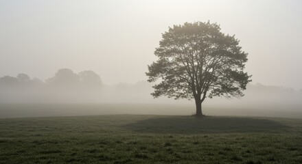 Obraz premium Solitary Tree Silhouette on a Grassy Hill in Dense Fog Landscape