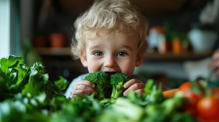 A cheerful toddler eagerly bites into fresh broccoli, embodying a playful connection with healthy eating and the joy found in exploring fruits and vegetables in the garden.