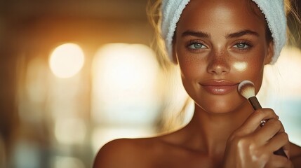 A close-up portrait of a woman applying makeup with a brush, radiating confidence and natural beauty in a serene environment, capturing the essence of self-care and self-expression.