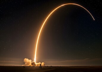 A missile launching in the dark with a bright ignition trail, leaving smoke in a star-filled sky