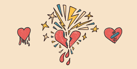 Broken hearts crayon drawn set. Breakup marker doodles isolated on white background. Love naive hand drawn painting elements. Vector heartbreak by pencil illustration.