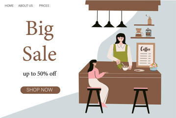 Modern coffee shop promotion with big sale and discount offer.