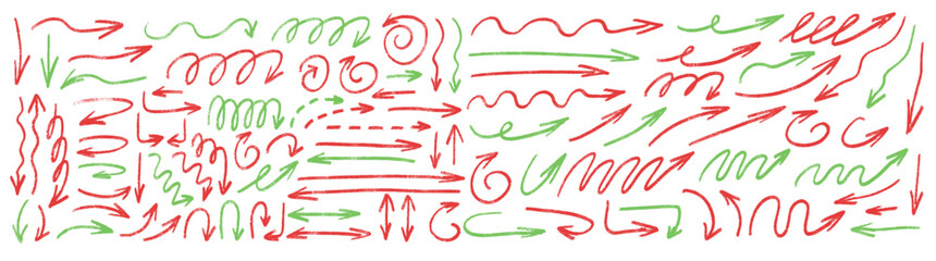 Arrows hand drawn set. Crayon straight and curved thin pointers doodle elements set. Freehand arrow by markers. Vector illustration turns by pencil. Grunge chalk freehand graphic on white background.