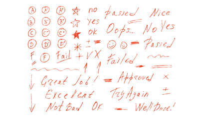 Exam letters grade marks wax crayon style set. School test results hand drawn sings. Teacher scores for homework. Vector handwritten qualification rating and correction symbols isolated on white. © Syuzann q