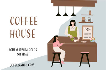 Cozy coffee house scene with people and rustic decor design for cafe menu or poster.