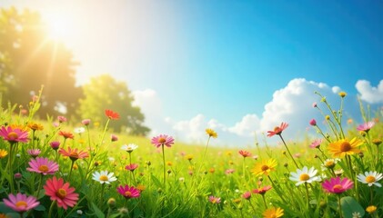Fototapeta premium A sunlit meadow bursting with colorful wildflowers, conveying a sense of carefree joy and natural beauty Perfect for themes of serenity, optimism, and well-being , vibrant, landscape, bright