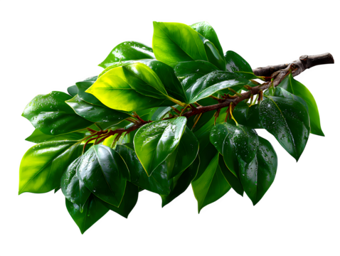 Diagonal branch of small round ficus leaves, spaced cleanly with sharp edges for accurate clipping path, on white, isolated to transparent background