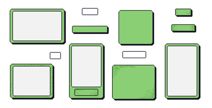 Pixel art frames set. 8 bit geometric borders. Rectangle text boxes in retro 90s style isolated on white background. Digital blanks with buttons. Vector collection illustration.