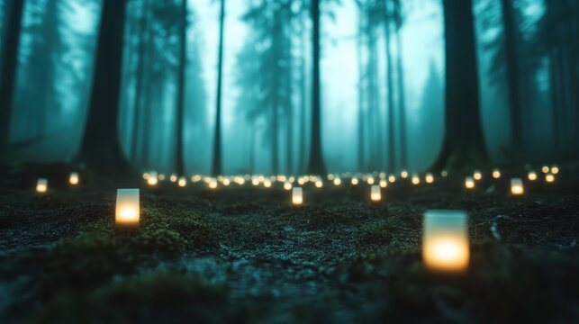 A mystical forest scene illuminated by scattered candles amidst the dense fog, evoking feelings of mystery and enchantment in nature's embrace.