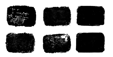 Quotation ink grunge set. Rectangle callout frames. Linocut rolled paint black text boxes tag. Vector handmade brayer stamp smudged texture. Rough paint decorative irregular border.