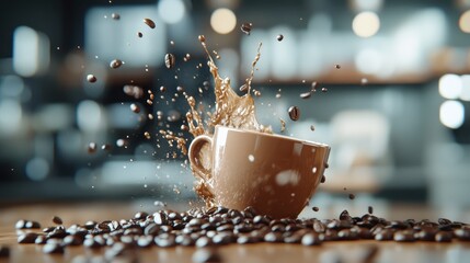 Bursting with energy, a cup of freshly brewed coffee is caught mid-splash, symbolizing the awakening sensation and joy that comes with each delightful sip of your favorite brew.