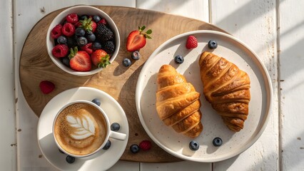 Breakfast with croissant and coffee