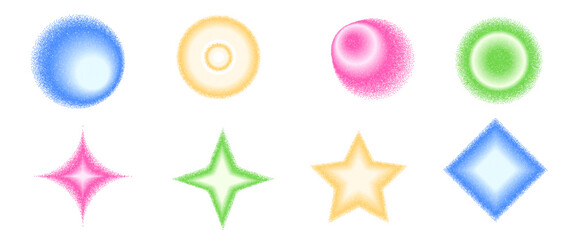 Grain color gradient geometric shape set. Y2k noise circle with stars forms. Colorful round and spark icons on white background. Trendy effect textured figures. Vector gritty neon colors illustration.