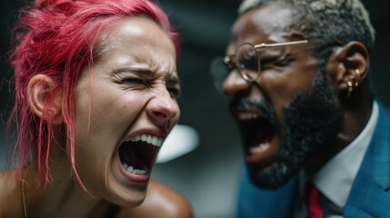 Fototapeta premium A dynamic image capturing a man and woman with vivid expressions, passionately yelling, emphasizing the fierce emotions and human connection experienced in heated moments.