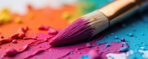 Fototapeta premium Close-up shot of paintbrush bristles saturated with vibrant paint, ready to create artwork The texture and color are richly displayed , colorful, palette