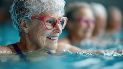 A cheerful elderly woman with stylish glasses participates in a fun aquatic fitness class, highlighting vitality, social engagement, and the joy of keeping active in her golden years.