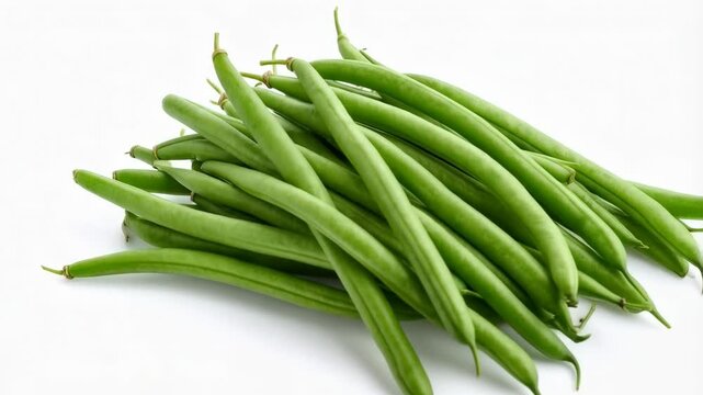 Pile of fresh, green string beans on a white background, perfect for healthy eating and dietary concepts.