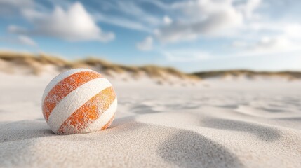 Obraz premium A vibrant striped beach ball rests on a sandy beach, capturing the essence of summer fun and leisure, inviting playful moments and sun-soaked adventures by the shore.