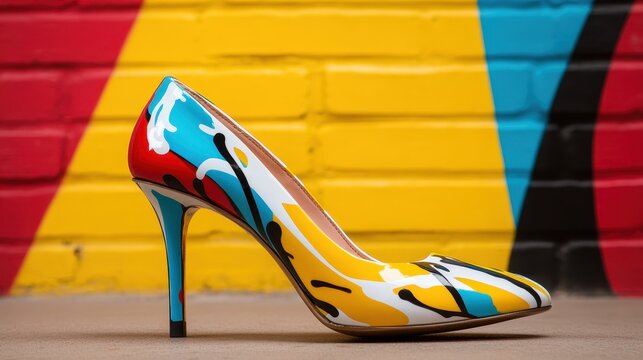 A stylish and colorful high heel shoe is showcased against a strikingly vibrant wall, embodying fashion elegance and artistic flair in a bold and contemporary setting.