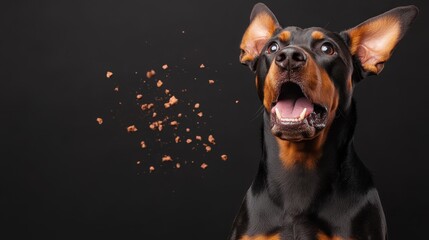 A jubilant Doberman with its mouth wide open, showcasing excitement as treats are scattered around, embodying joy and playfulness in a captivating portrait.