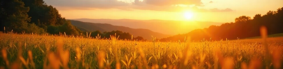 Fototapeta premium Golden hour sunlight bathes a landscape in warm, vibrant light Perfect for summer, nature, and travel projects Enjoy the bright, cheerful ambiance , clouds, greenery