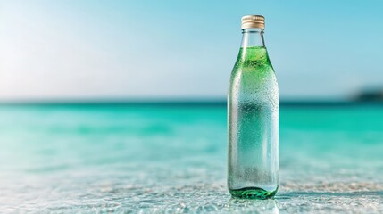 A sleek glass bottle of sparkling water stands amid a serene ocean shoreline, symbolizing refreshment and vitality on a sunny day by the beach.
