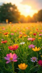 Fototapeta premium Golden hour sunlight bathes a vibrant summer field, wildflowers swaying gently in the warm breeze Perfect for idyllic, peaceful, and nature-themed projects , beauty, summer day, sunshine