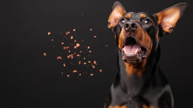 A jubilant Doberman with its mouth wide open, showcasing excitement as treats are scattered around, embodying joy and playfulness in a captivating portrait.