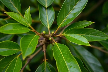 A closeup of a green plant branch showing vibrant leaves and small green buds against a dark blurred background