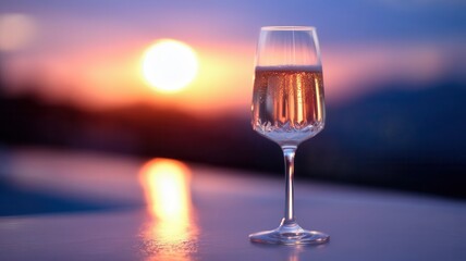 Elegant Champagne Glass at Sunset: A Toast to Tranquility and Celebration