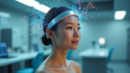 A focused Asian woman wearing a futuristic headband with glowing neural patterns, symbolizing technology and innovation in a lab setting.