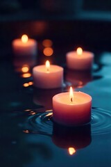 Serene floating candles illuminate a dark still water surface, creating a magical and tranquil atmosphere Perfect for spa, relaxation, meditation, and wellness themes , dark background, serenity
