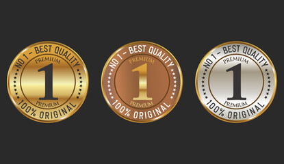 Number 1 Best Quality label in gold bronze and silver stock illustration