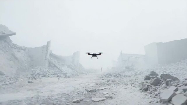 ice drone intercepted and repurposed by resistance forces soaring above ruined buildings