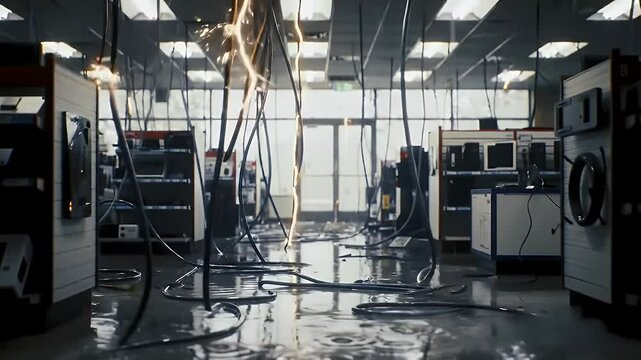 Damaged interior building after electrical fire flood and structural damage flooded workspace and damaged electrical equipment