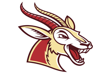 Fierce gazelle head with prominent horns and open mouth demonstrates a determined expression