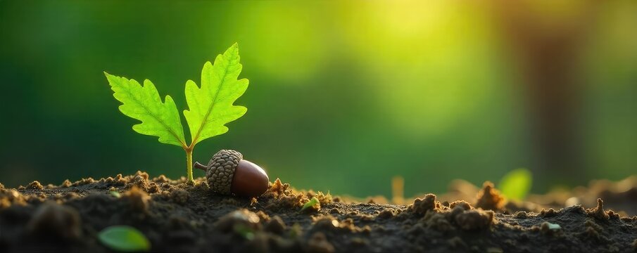 Vibrant green oak leaves sprout around a tiny acorn, symbolizing new growth and the cycle of life in nature Perfect for spring, nature, and environmental themes , wallpaper, acorn