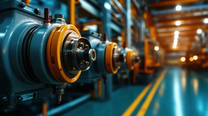 Obraz premium A close-up view of industrial machinery components reflects the efficiency and precision of modern manufacturing processes set in a high-tech factory environment.