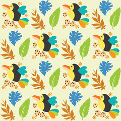 A fresh and vibrant seamless vector pattern featuring colorful birds and tropical leaves, perfect for capturing the spirit of summer. The hand-drawn design includes exotic birds, palm fronds, and jung